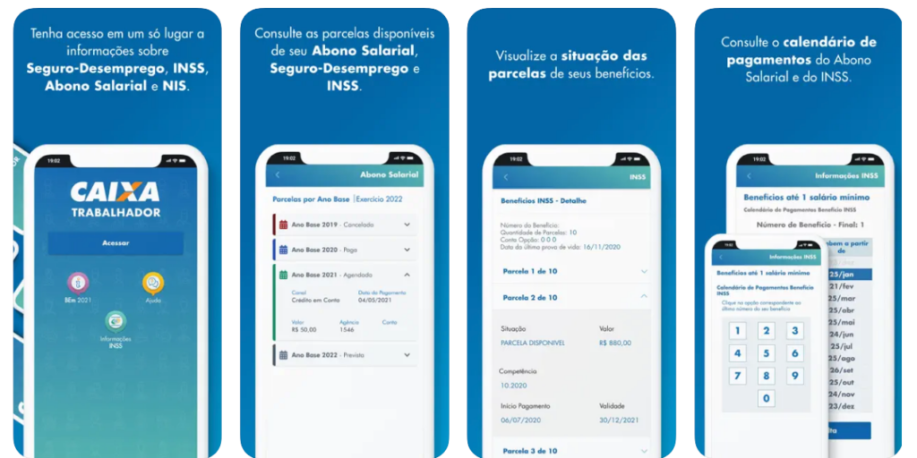 Capturas de telas do aplicativo Caixa Trabalhador